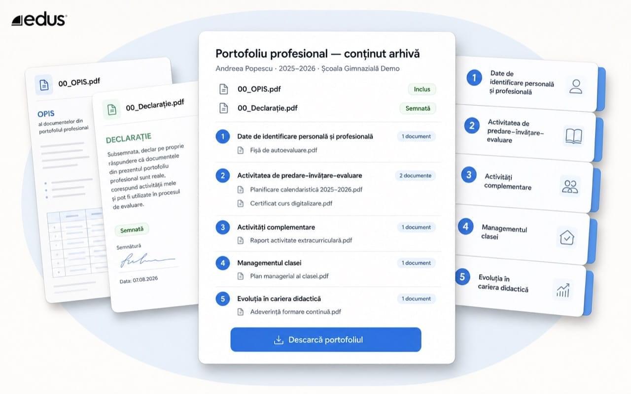 Portofoliul descărcat structurat: opis, declarație și documente organizate pe secțiuni.