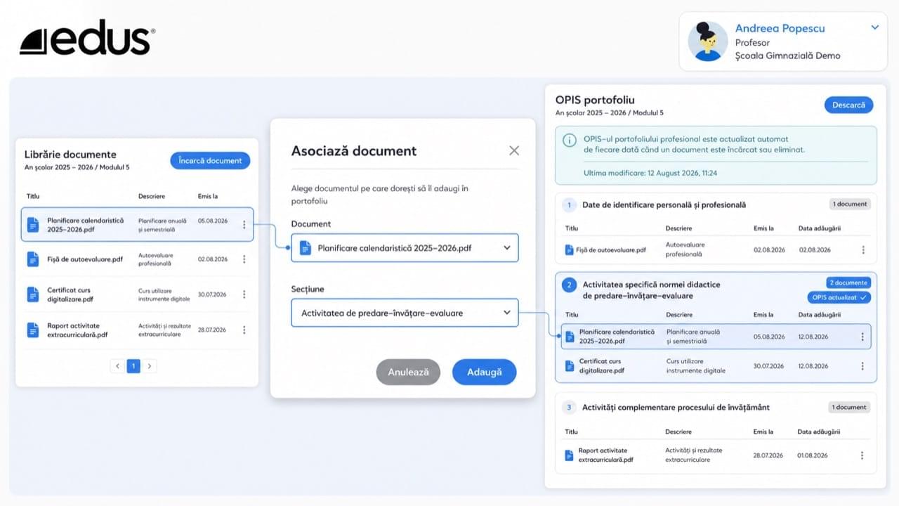 Asocierea unui document dintr-o librărie proprie la o secțiune, cu opisul actualizat automat.